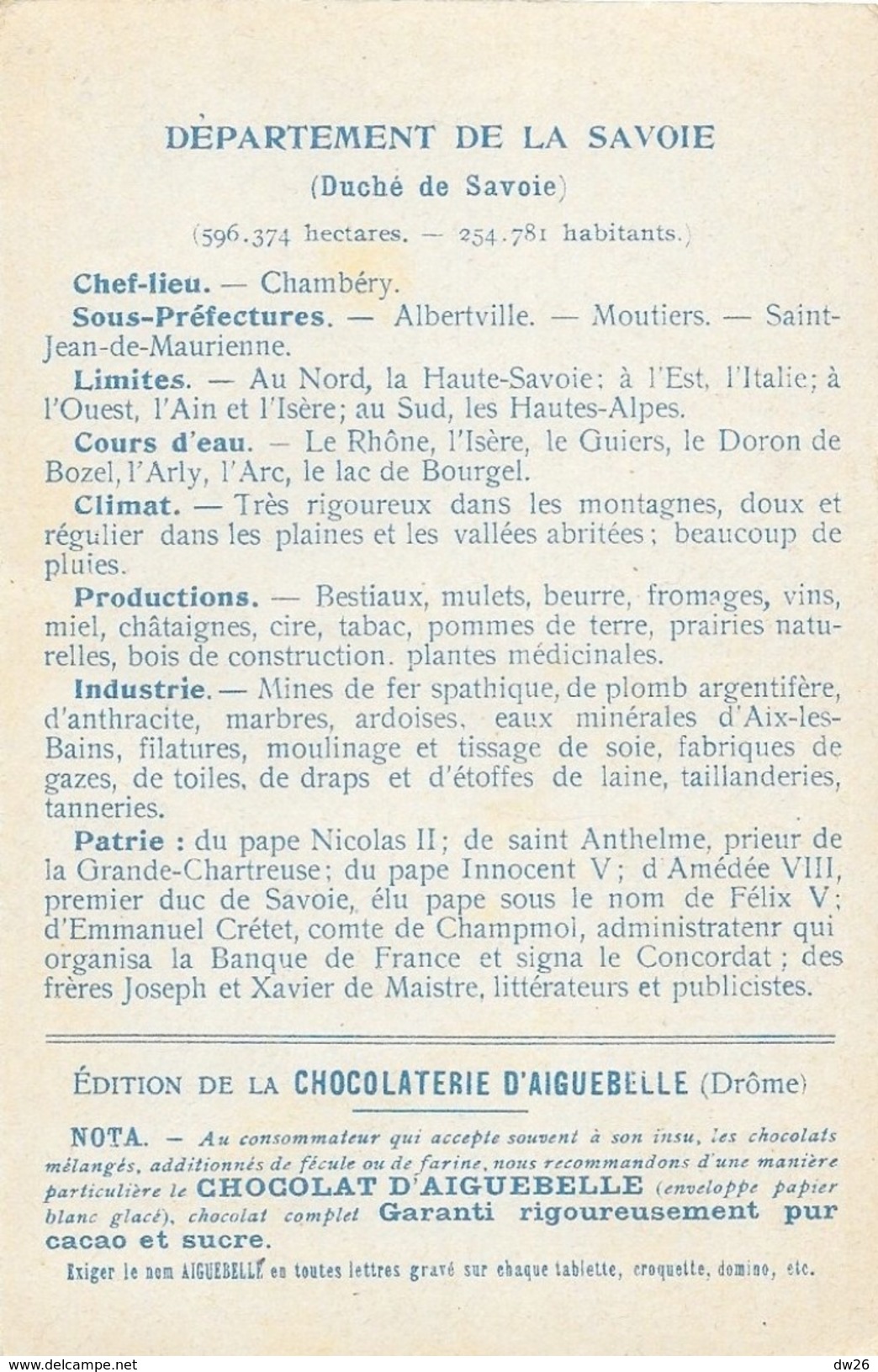 Les Départements: Savoie - Château De Chambéry En Médaillon - Edition De La Chocolaterie D'Aiguebelle - Aiguebelle
