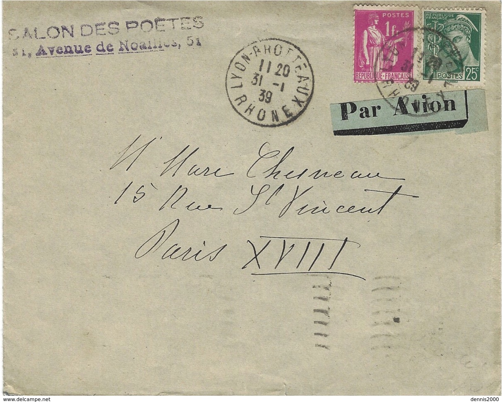 1939- Enveloppe Par Avion De Lyon Pour Paris Affr. à 1,25 F. - 1960-.... Covers & Documents