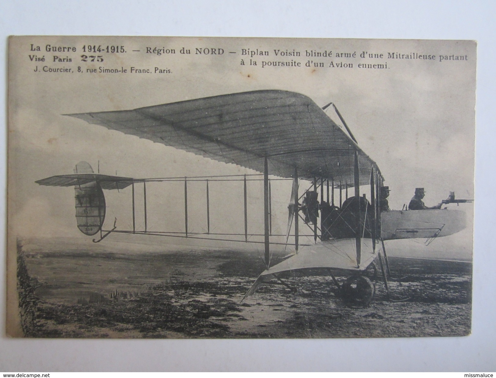 Avion Aviation  Militaria Guerre 1914 1915 Région Du Nord Biplan Voisin Blindé Armé D'une Mitrailleuse Oblitération - Andere & Zonder Classificatie