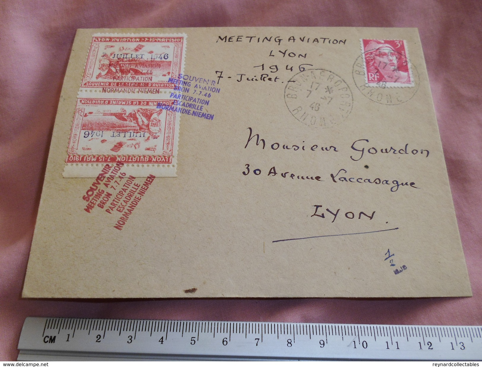 1946 France Lyon Aviation Meeting Cover With 2 X 1910 Vignette With 1946 O/print - 1927-1959 Lettres & Documents