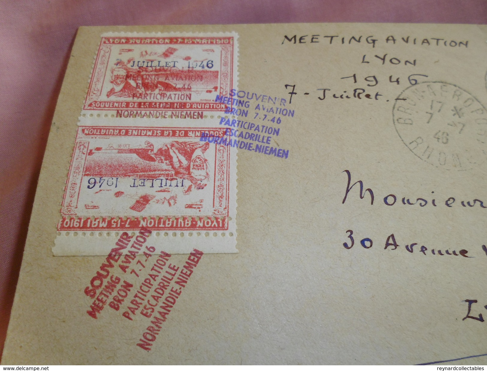1946 France Lyon Aviation Meeting Cover With 2 X 1910 Vignette With 1946 O/print - 1927-1959 Lettres & Documents