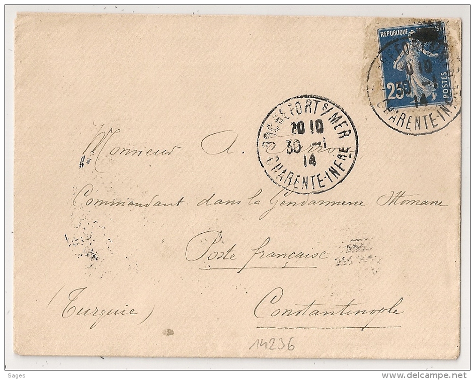 Pour CONSTANTINOPLE, Commandant GENDARMERIE OTOMANE, ROCHEFORT S MER Charente Inférieure. Destination TURQUIE. - 1877-1920: Période Semi Moderne