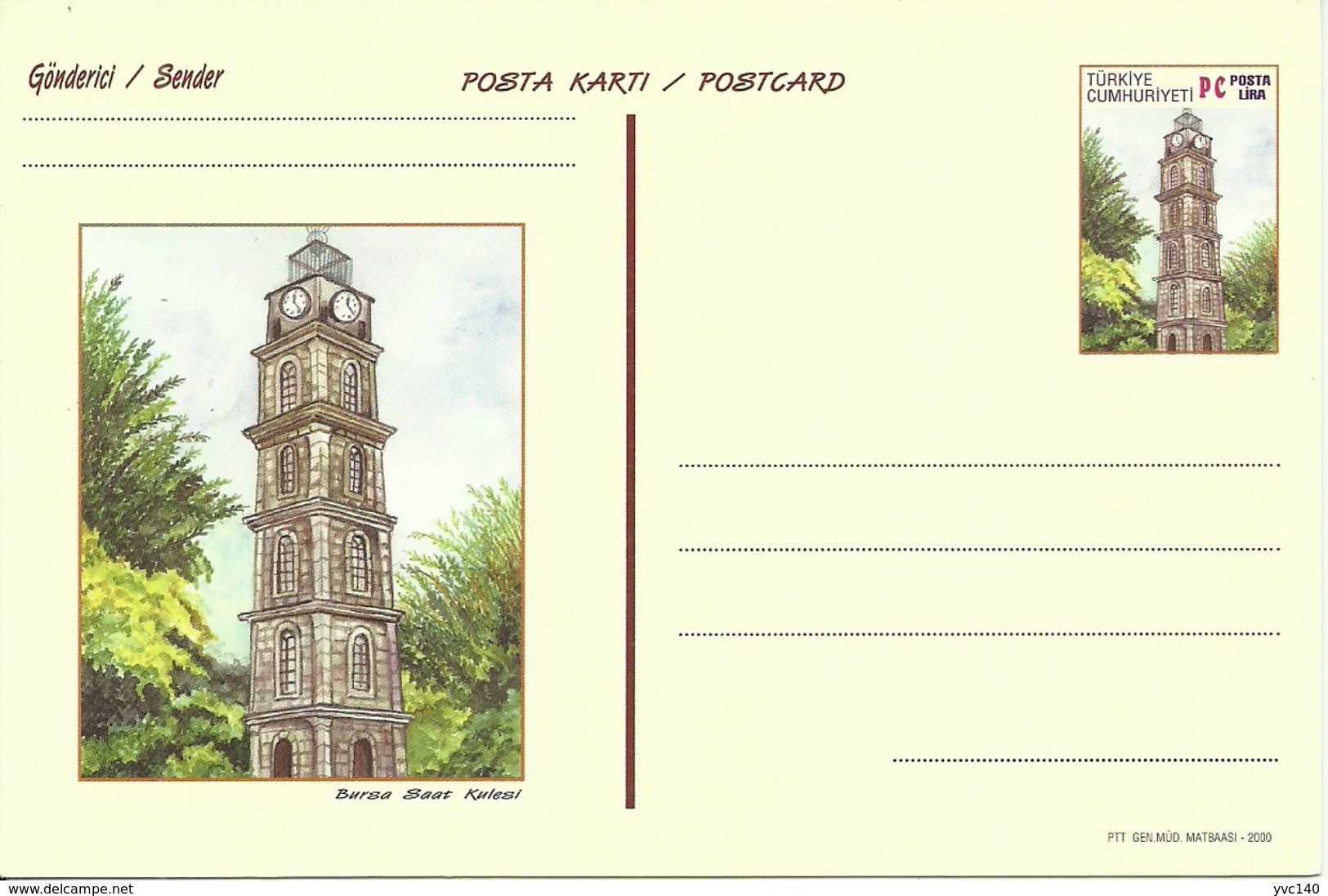 Turkey ; 2000 Postal Stationery "Clock Towers" - Interi Postali