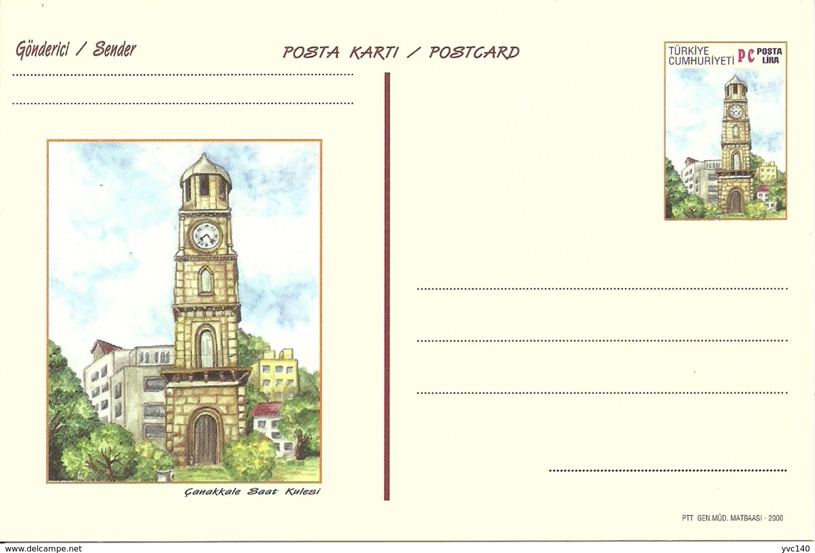 Turkey ; 2000 Postal Stationery "Clock Towers" - Entiers Postaux