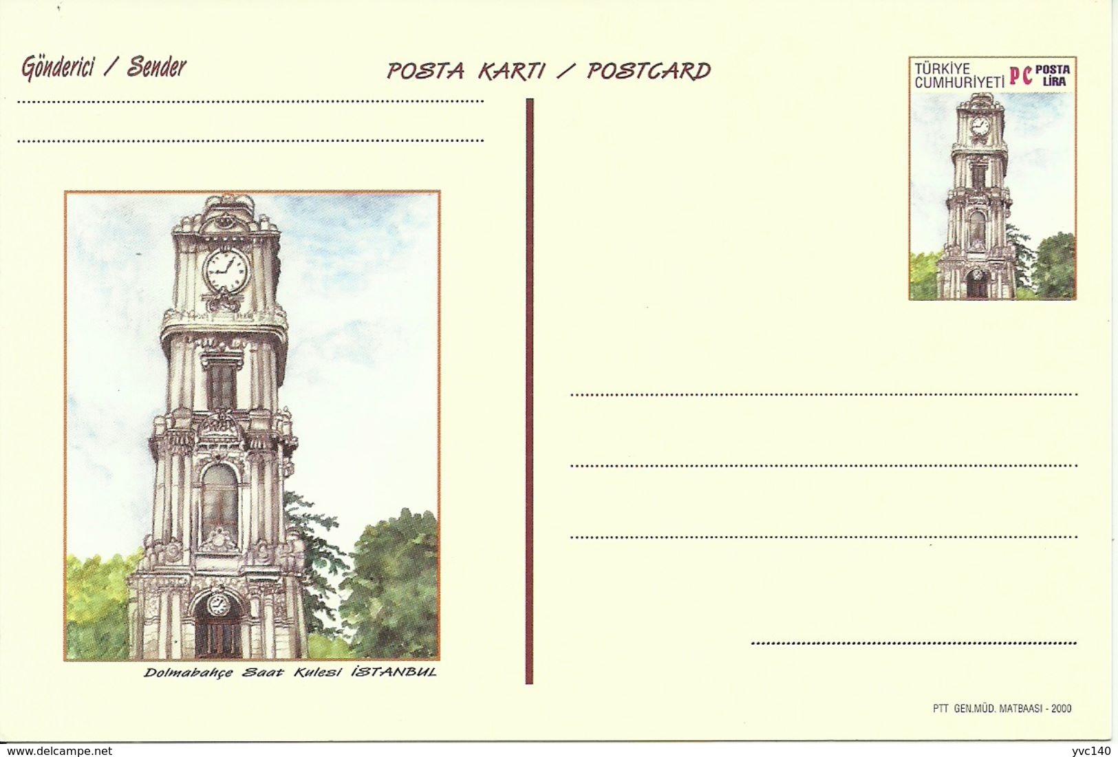 Turkey ; 2000 Postal Stationery "Clock Towers" - Ganzsachen