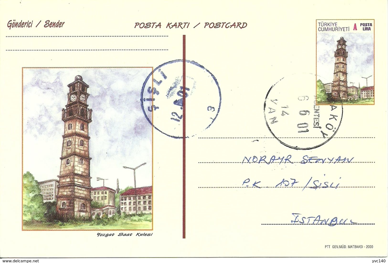 Turkey ; 2000 Postal Stationery "Clock Towers" - Ganzsachen