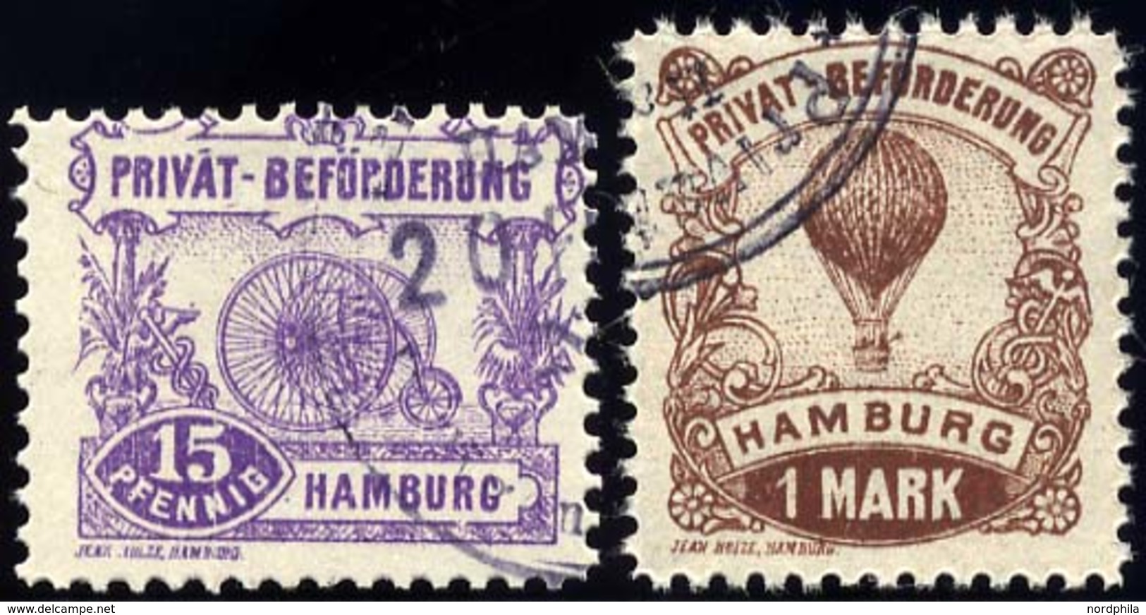HAMBURG E 15/6A O, HAMMONIA II: 1888, 15 Pf. Und 1 M. Verkehrsmittel, Gezähnt 111/2, 2 Prachtwerte, Mi. 45.- - Privatpost