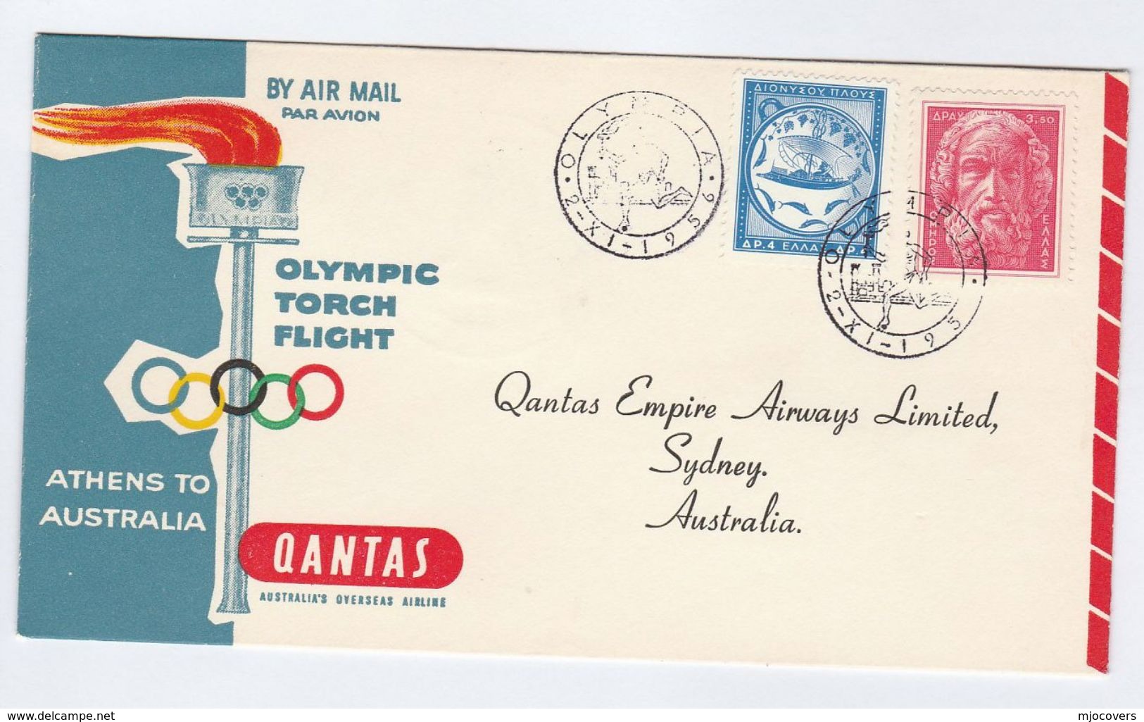 1956 OLYMPIC TORCH Special FLIGHT COVER GREECE To AUSTRALIA Via QANTAS Olympics Games Stamps Aviation Sport - Estate 1956: Melbourne