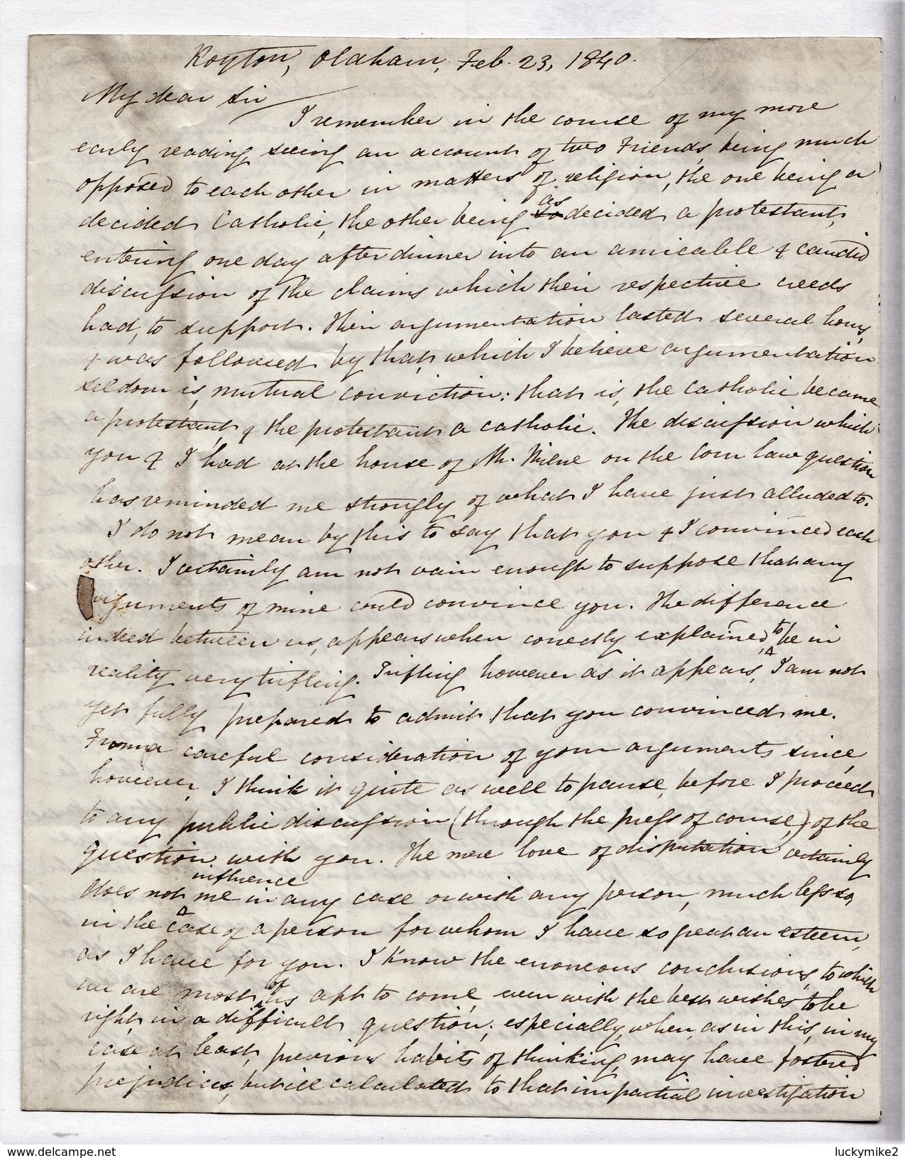 1840 3&frac12; Page Letter To "John Fielden M.P. (for Oldham)" From "William Fielden, Royton, Oldham".  Ref 0454 - Other & Unclassified