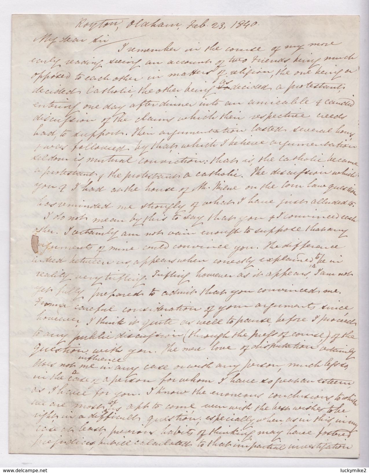 1840 3&frac12; Page Letter To "John Fielden M.P. (for Oldham)" From "William Fielden, Royton, Oldham".  Ref 0454 - Other & Unclassified