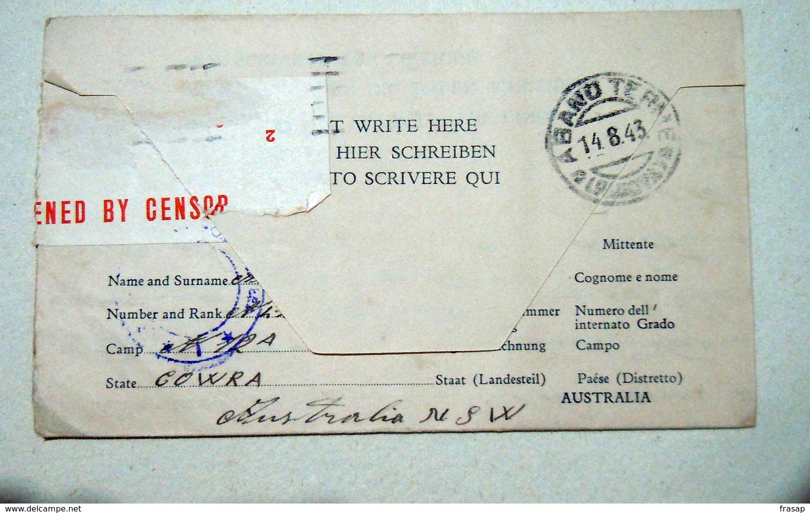 AUSTRALIA COWRA 1943 Card From Italian Pow CAMP 12 To ITALY AIR LETTER - Covers & Documents