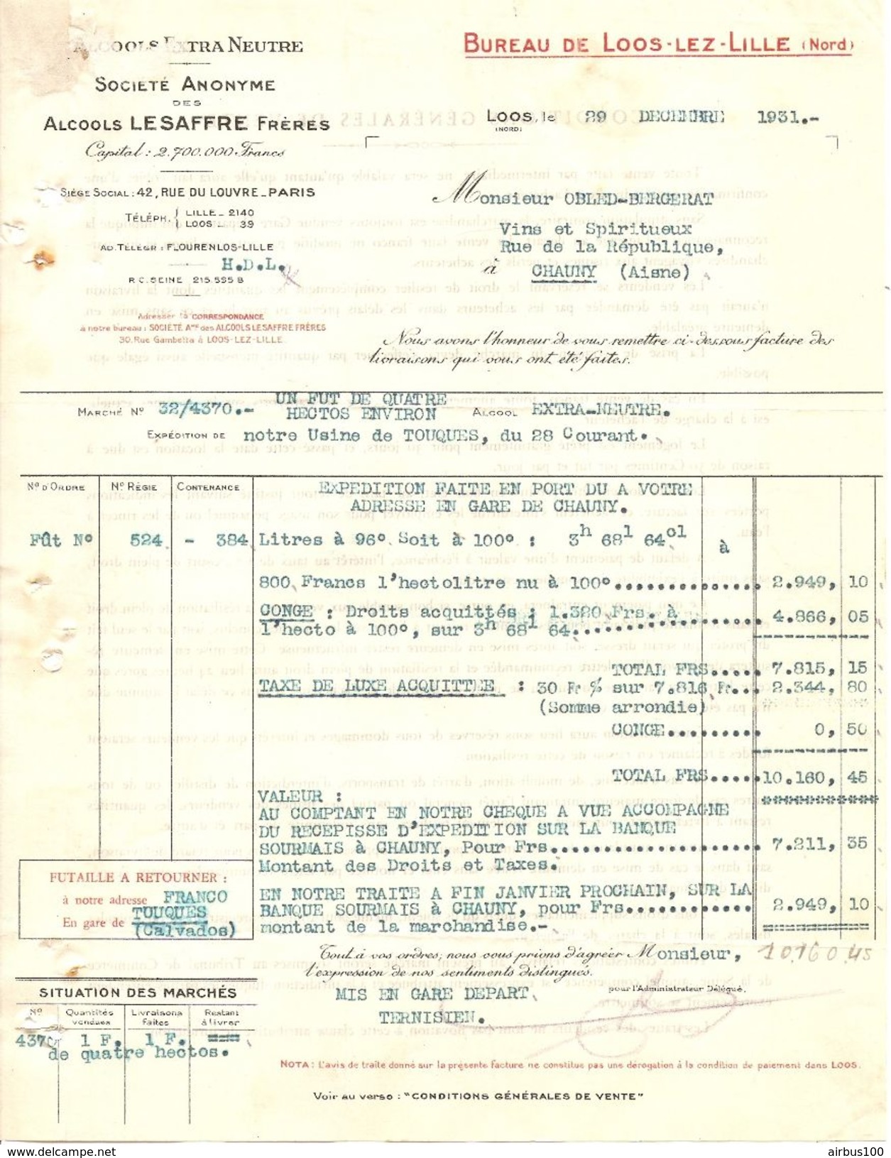 FACTURE 1931 ALCOOL LESAFFRE FRERES RUE DU LOUVRE PARIS - BUREAU DE LOOS LEZ LILLE NORD - SITUATION DES MARCHÉS - Alimentare