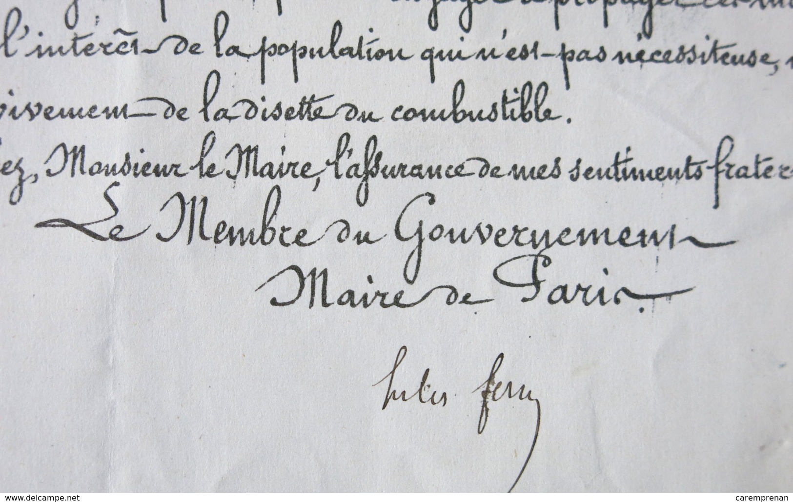 Siège De Paris 1870-1871. Rationnement Du Bois De Chauffage. Circulaire Signée De Jules Ferry. - Autres & Non Classés