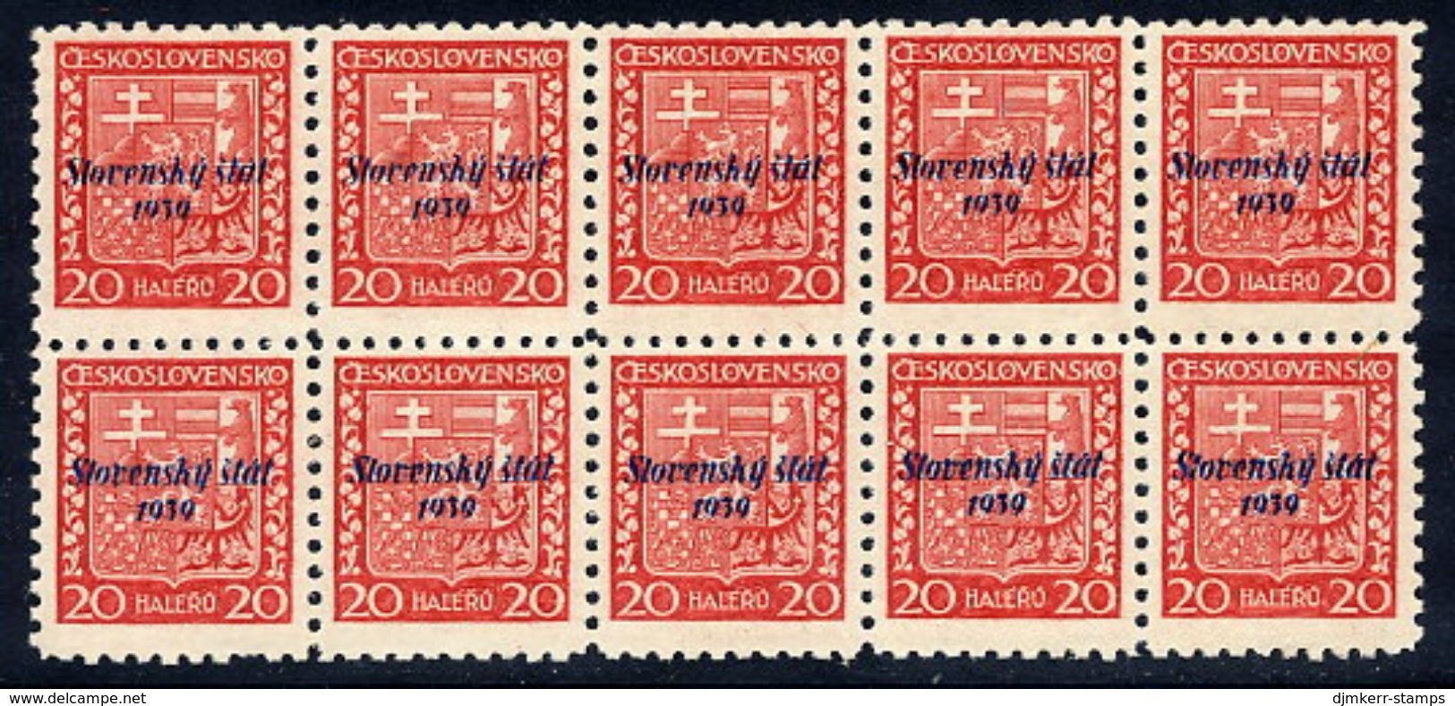 SLOVAKIA 1939 Overprinted Definitive 20 H. Block Of 10 MNH / ** .  Michel 4 - Unused Stamps