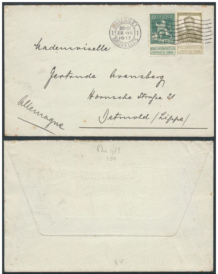 YY270 Lettre De Bruxelles à Detwald ( Allemagne Germany ) 1913 - 1912 Pellens