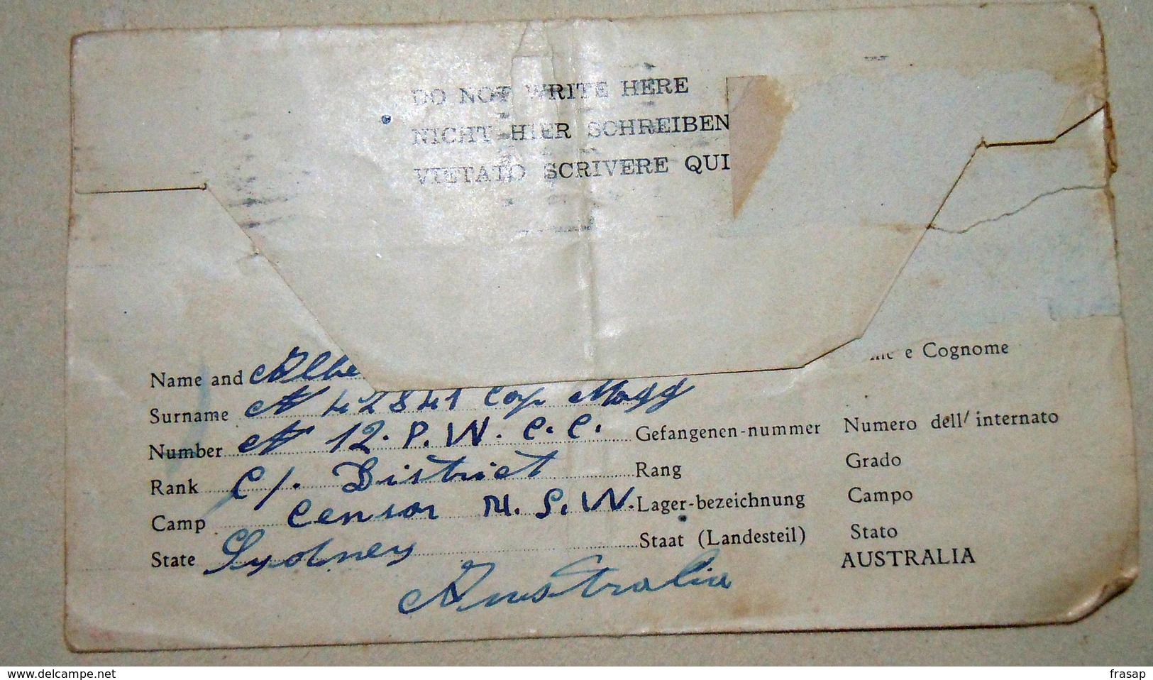 AUSTRALIA COWRA 1945 Card From Italian Pow CAMP 12 To ITALY AIR LETTER - Covers & Documents