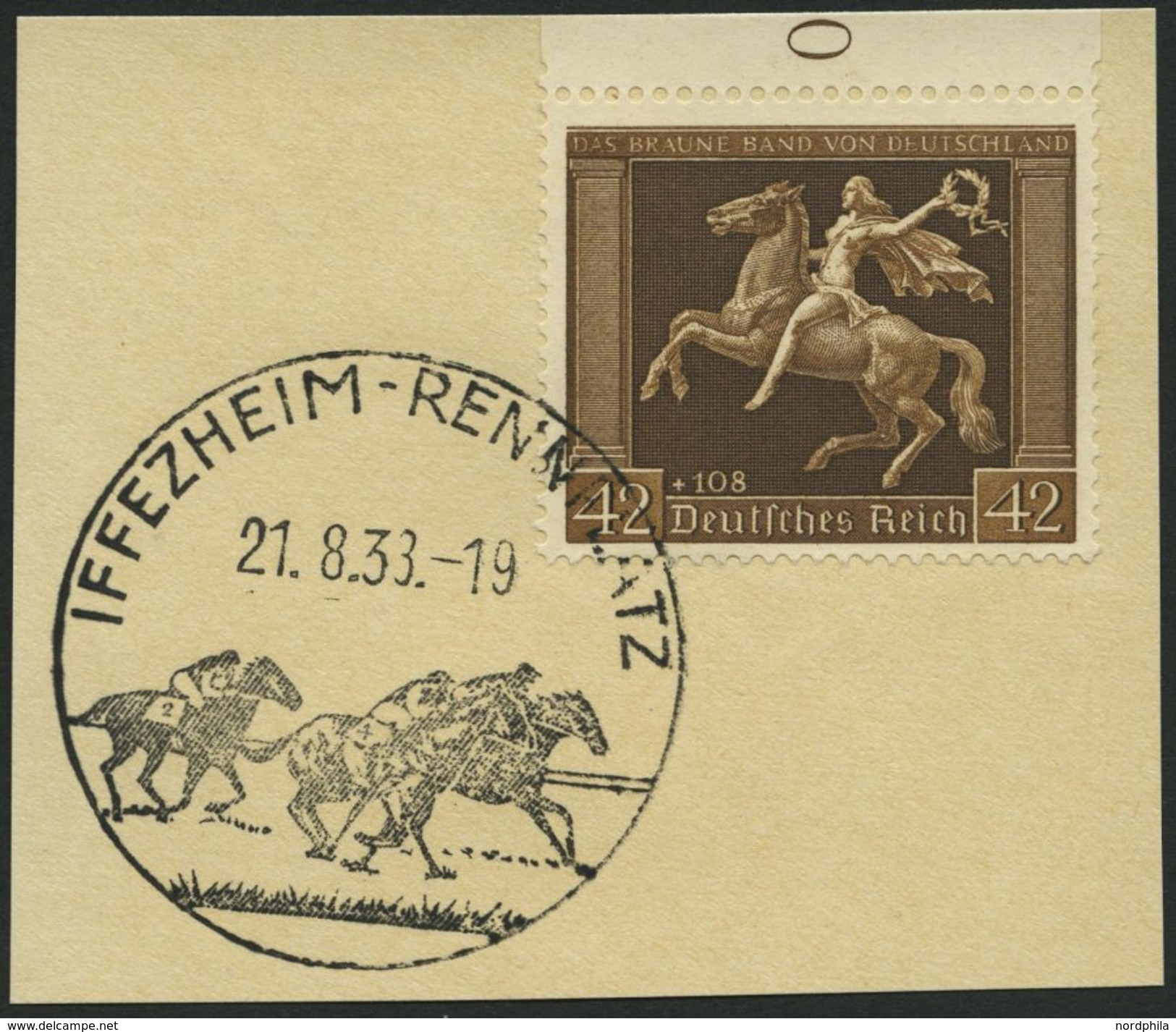 Dt. Reich 671y BrfStk, 1938, 42 Pf. Braunes Band, Waagerechte Gummiriffelung, Sonderstempel IFFEZHEIM-RENNPLATZ, Prachtb - Gebraucht