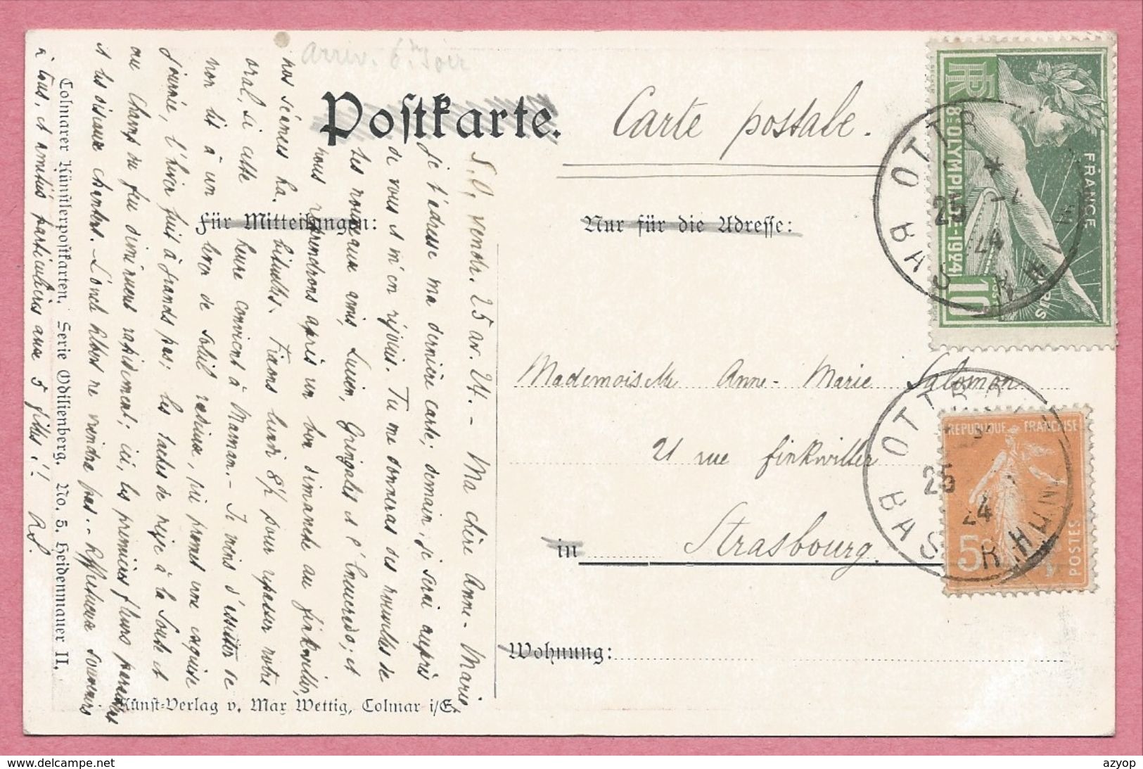 Carte Signée HANSI - JJ WALTZ - Série ODILIENBERG N° 5 - Heidenmauer - Verlag Max WETTIG - COLMAR - Cachet OTTROTT - Autres & Non Classés