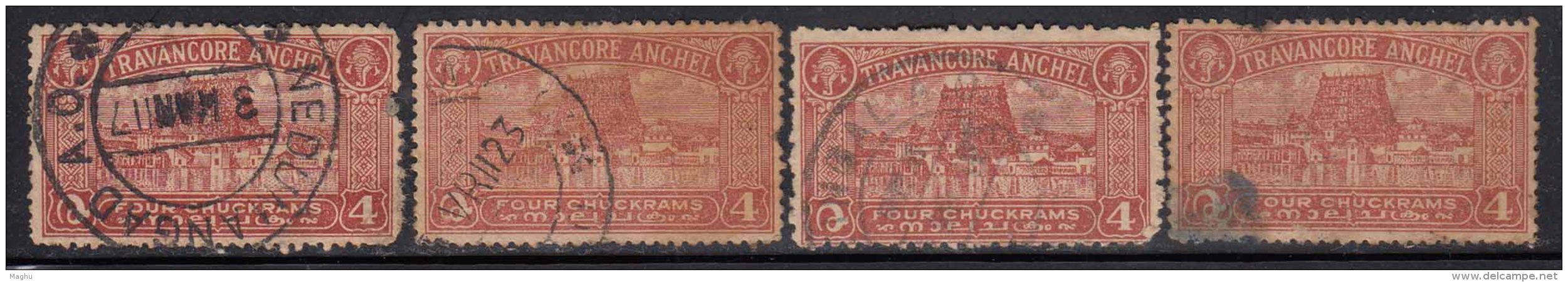 4ch X 4 Shades / Perf., Varities, Travancore Used  1939,  British India, Temple, Lake, Shelll, Coneshell, - Travancore