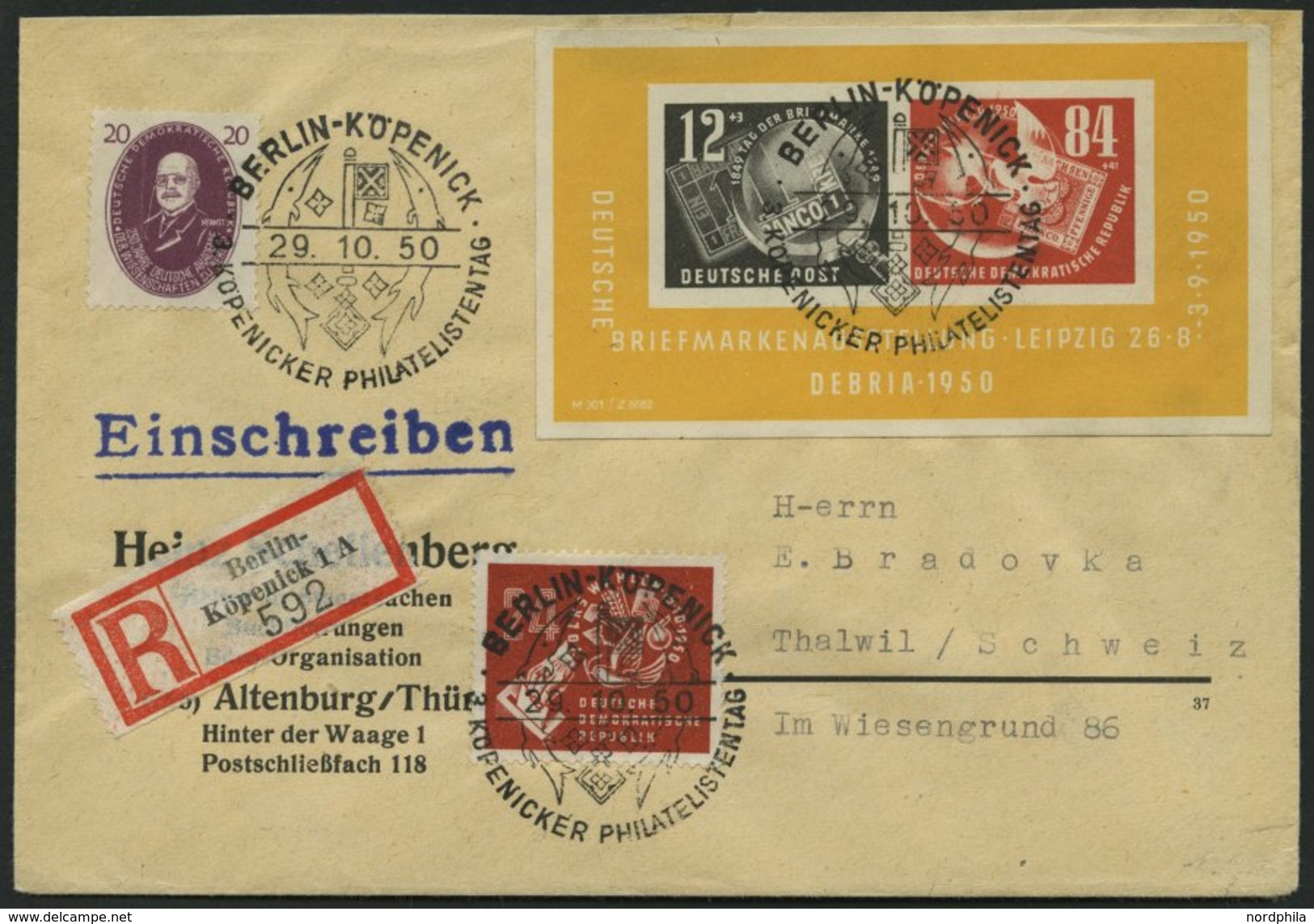 DDR Bl. 7 BRIEF, 1950, Block Debria Mit Zusatzfrankatur Auf Einschreibbrief In Die Schweiz, Pracht - Gebraucht