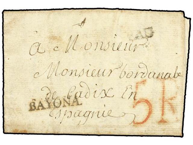 23 ESPAÑA: PREFILATELIA. 1781 (1 Noviembre). PAU (Francia) A CÁDIZ. Marca De Entrada <B>BAYONA </B>en Negro De IRÚN. MUY - Autres & Non Classés