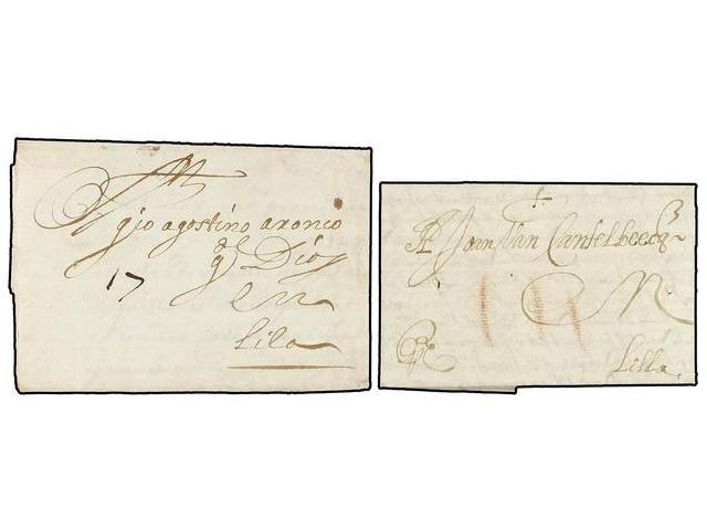 36 ESPAÑA: PREFILATELIA. 1656-80. CÁDIZ A LILLE (Francia). 2 Cartas Completas Con Indicaciones Manuscritas <B>PDO</B> (p - Autres & Non Classés