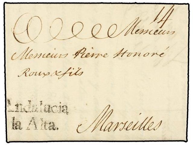 38 ESPAÑA: PREFILATELIA. 1757. CÁDIZ A FRANCIA. Marca <B>ANDALUCIA/LA ALTA</B> (nº 6). Muy Bonita Y RARA. - Otros & Sin Clasificación