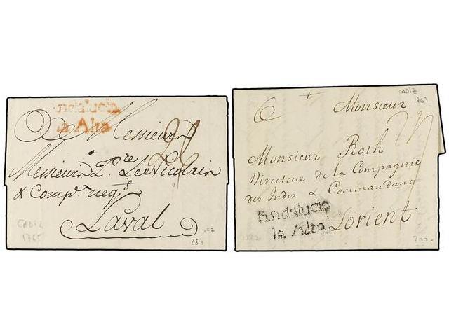40 ESPAÑA: PREFILATELIA. 1763. Dos Cartas De CÁDIZ A FRANCIA. Marcas<B> ANDALUCIA/LA ALTA (nº 7) </B>en Negro Y Rojo (ra - Autres & Non Classés
