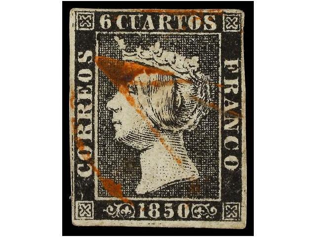 59 ° ESPAÑA. Ed.1. <B>6 Cuartos</B> Negro, Pl. I Mat. <B>AS</B> De REUS En Rojo. - Other & Unclassified