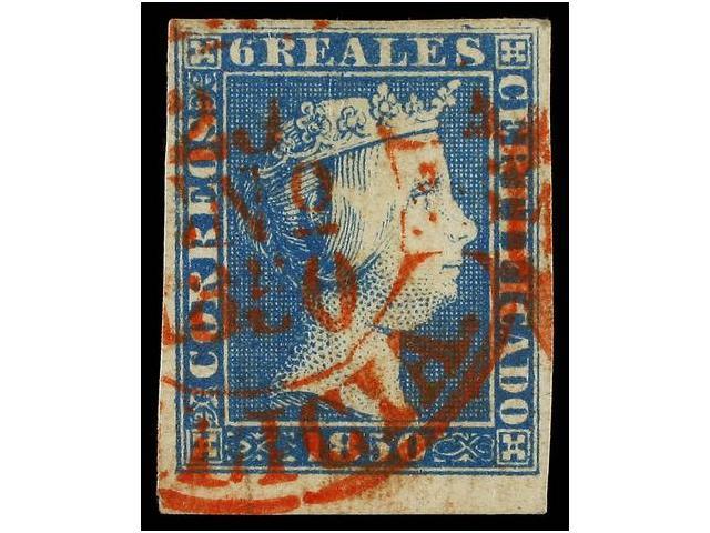 82 ° ESPAÑA. Ed.4. <B>6 Reales</B> Azul, Mat. Fechador<B> CORUÑA/20 ENE 1850/GALICIA</B> En Rojo, Borde Inferior De Hoja - Autres & Non Classés