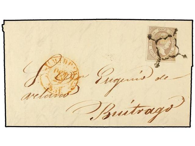 98 ESPAÑA. Ed.7. 1850. MADRID A BUITRAGO. <B>12 Cuartos</B> Lila, Mat. Araña Y Fechador <B>MADRID/1851.</B> PRECIOSA. - Autres & Non Classés