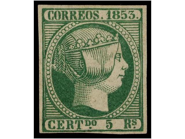 119 (*) ESPAÑA. Ed.20. <B>5 Reales</B> Verde. Color Excepcional. MAGNÍFICO EJEMPLAR. Cert. COMEX. Cat. 3.200€. - Otros & Sin Clasificación