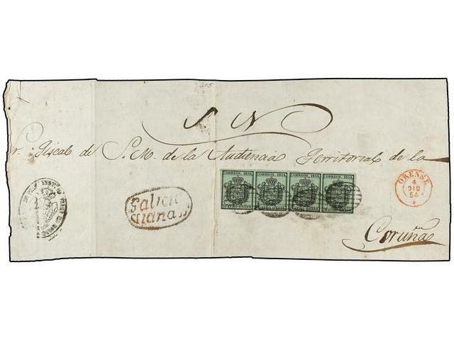 137 ESPAÑA. Ed.30(4). 1854. VIANA A CORUÑA. Plica Judicial Con Una Tira De Cuatro Del <B>4 Onzas</B> Verde. Mat. Parrill - Otros & Sin Clasificación