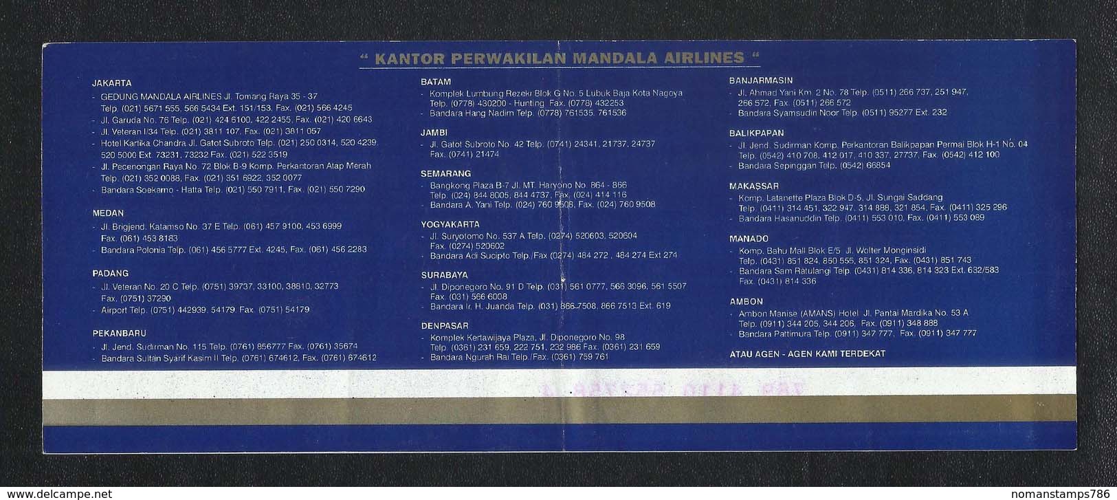 Indonesia Mandala Airlines Transport Ticket Used Passenger Ticket - Altri & Non Classificati