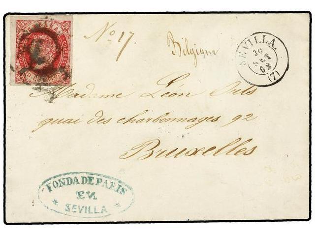 172 ESPAÑA. Ed.60. 1862. SEVILLA A BRUSELAS. <B>19 Cuartos</B> Rosa, Mat. R.C. <B>7</B> Y Fechador De Sevilla. MUY BONIT - Otros & Sin Clasificación