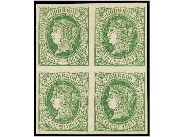 176 **/* ESPAÑA. Ed.65 (4). <B>12 Cuartos</B> Verde. Bloque De Cuatro. LUJO. Cat. 395€. - Andere & Zonder Classificatie