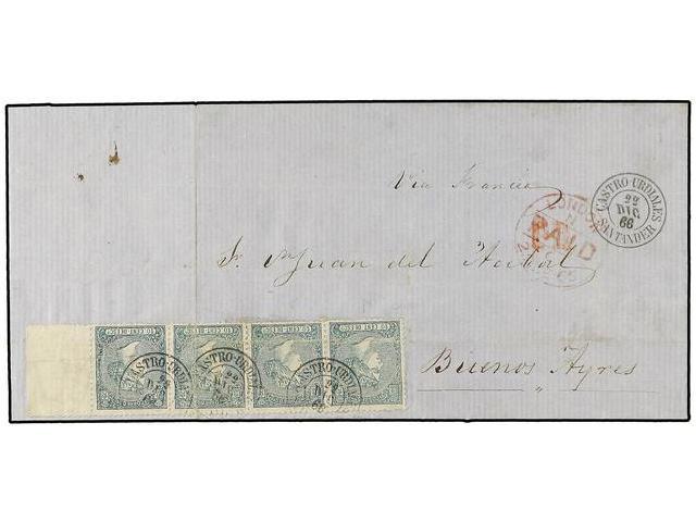 199 ESPAÑA. Ed.84 (4). 1866. CASTRO URDIALES (Santander) A BUENOS AIRES. <B>10 Cent.</B> Verde Tira De Cuatro, Dobleces  - Otros & Sin Clasificación