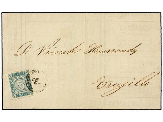 211 ESPAÑA. Ed.93. 1868. BARCELONA A TRUJILLO. <B>5 Cents.</B> Verde, Muy Bonito Franqueo De Impresos. - Otros & Sin Clasificación