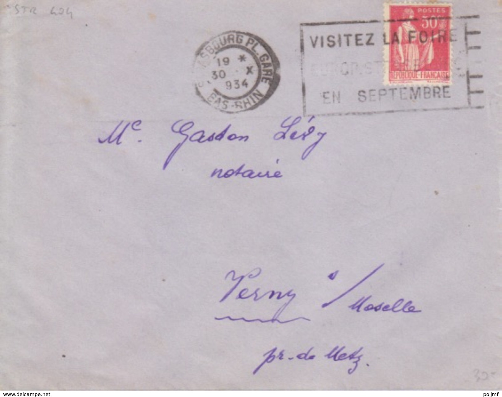 Lettre Obl. Flamme Flier Strasbourg Gare (Visitez La Foire Européenne En Septembre)  30 X 34 Pour Verny - Mechanical Postmarks (Advertisement)