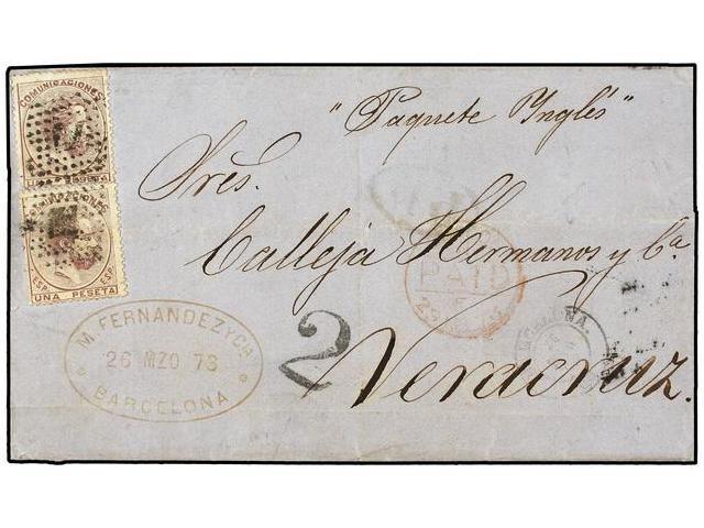 258 ESPAÑA. Ed.127 (2). 1873. BARCELONA A VERACRUZ. <B>1 Pta.</B> Lila (2), Circulado Vía Londres. Precioso Y Raro Franq - Otros & Sin Clasificación