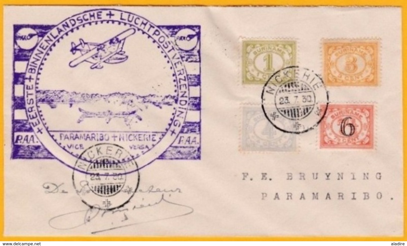 1930 - Lettre Par Avion De Nickerie, Surinam, Guyane Hollandaise Vers Paramaribo - 1er Vol - Timbres De 1922 - Signature - Surinam ... - 1975