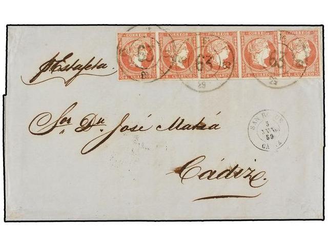 362 ESPAÑA. Ed.48 (5). 1859. GIBRALTAR A CÁDIZ. <B>4 Cuartos</B> Rojo (5). Mat. <B>R.C. 63</B> De San Roque. Precioso Y  - Otros & Sin Clasificación