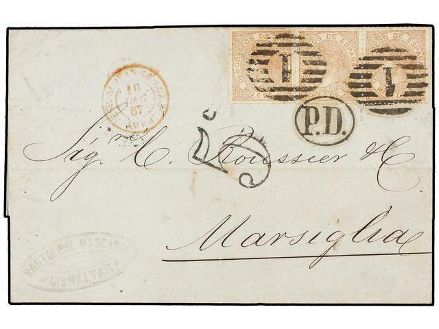 373 ESPAÑA. Ed.96 (3). 1867. GIBRALTAR A FRANCIA<B>. 50 Mils</B> Castaño Tira De Tres. Mat. <B>ROMBO DE PUNTOS</B> <B>1< - Otros & Sin Clasificación