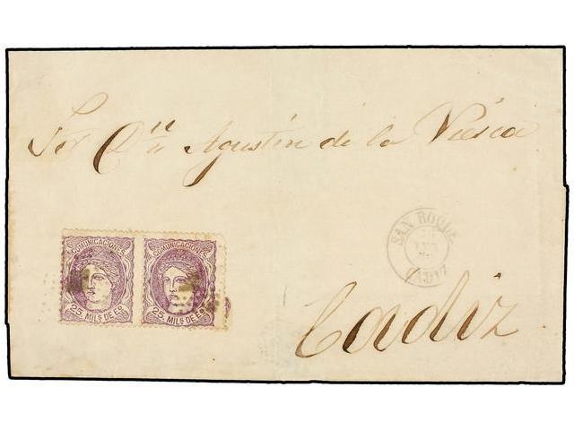 375 ESPAÑA. Ed.106 (2). 1872. GIBRALTAR A CÁDIZ. <B>25 Mils.</B> Lila (2), Mat.<B> ROMBO DE PUNTOS</B> Y Fechador <B>SAN - Otros & Sin Clasificación