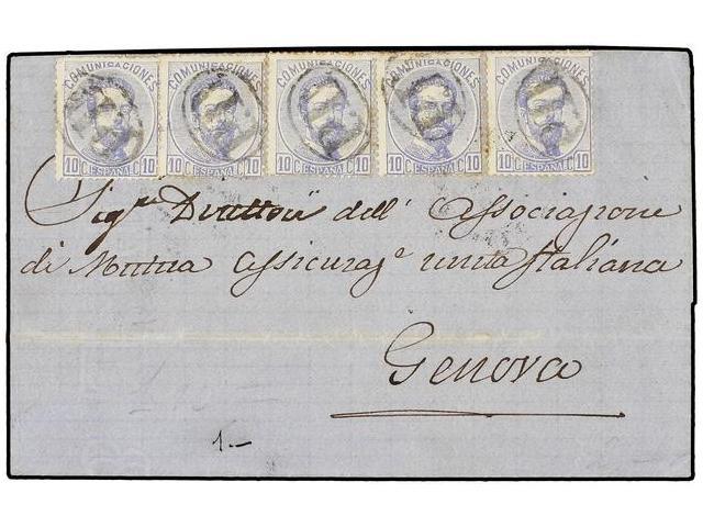 381 ESPAÑA. Ed.121 (5). 1873. GIBRALTAR A GÉNOVA (Italia). <B>10 Cents.</B> Azul (5). Mat. <B>P.D.</B> Sellos Excepciona - Autres & Non Classés