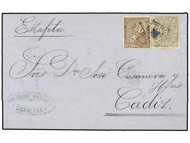 384 ESPAÑA. Ed.135, 141. 1874. GIBRALTAR A CÁDIZ. <B>25 Cts.</B> Castaño Y Sello De Imp. De Guerra De <B>5 Cts.</B> Negr - Otros & Sin Clasificación