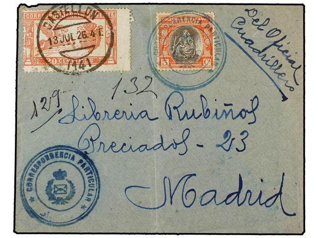 412 ESPAÑA. Ed.256. 1926. CASTELLON A MADRID. Circulado Con La Marca De Franquicia De CORREOS Y Con Sello De <B>25 Cts.< - Otros & Sin Clasificación