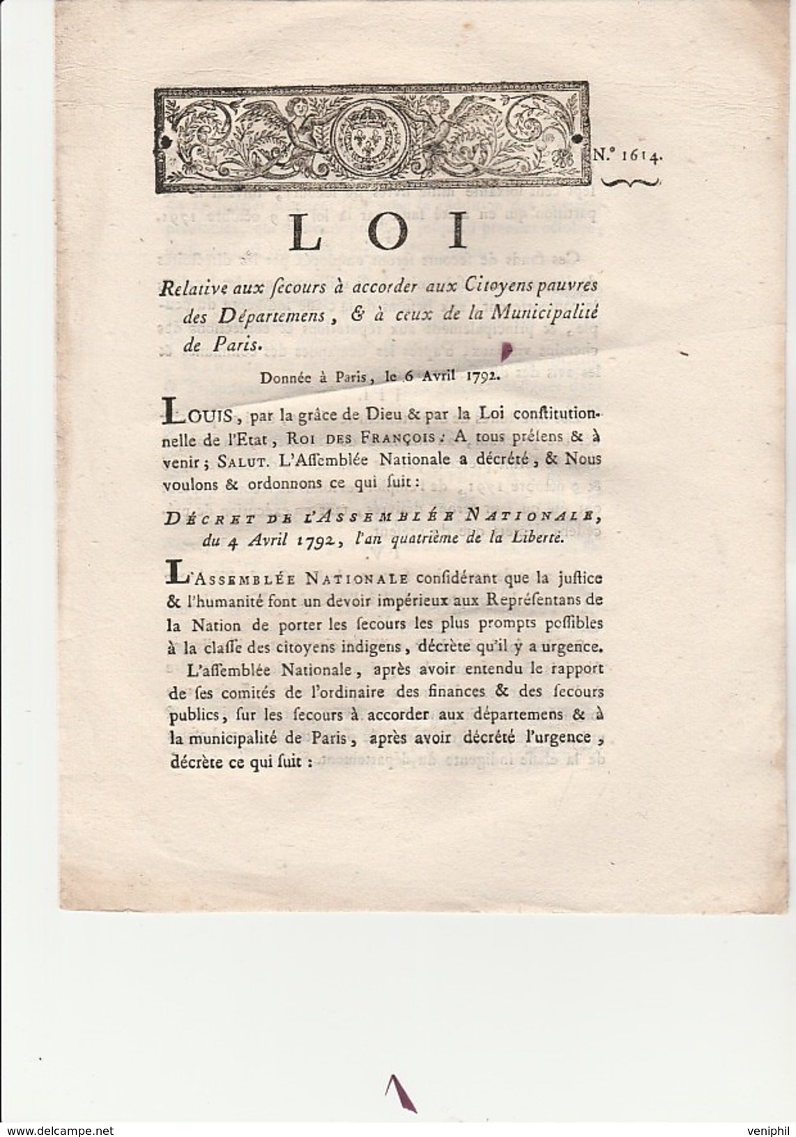 LOI - DECRET DE L'ASSEMBLEE  NATIONALE 4 AVRIL 1792 - RELATIVE AU SECOURS A ACCORDER AUX CITOYENS PAUVRES DES DEPT .... - Gesetze & Erlasse