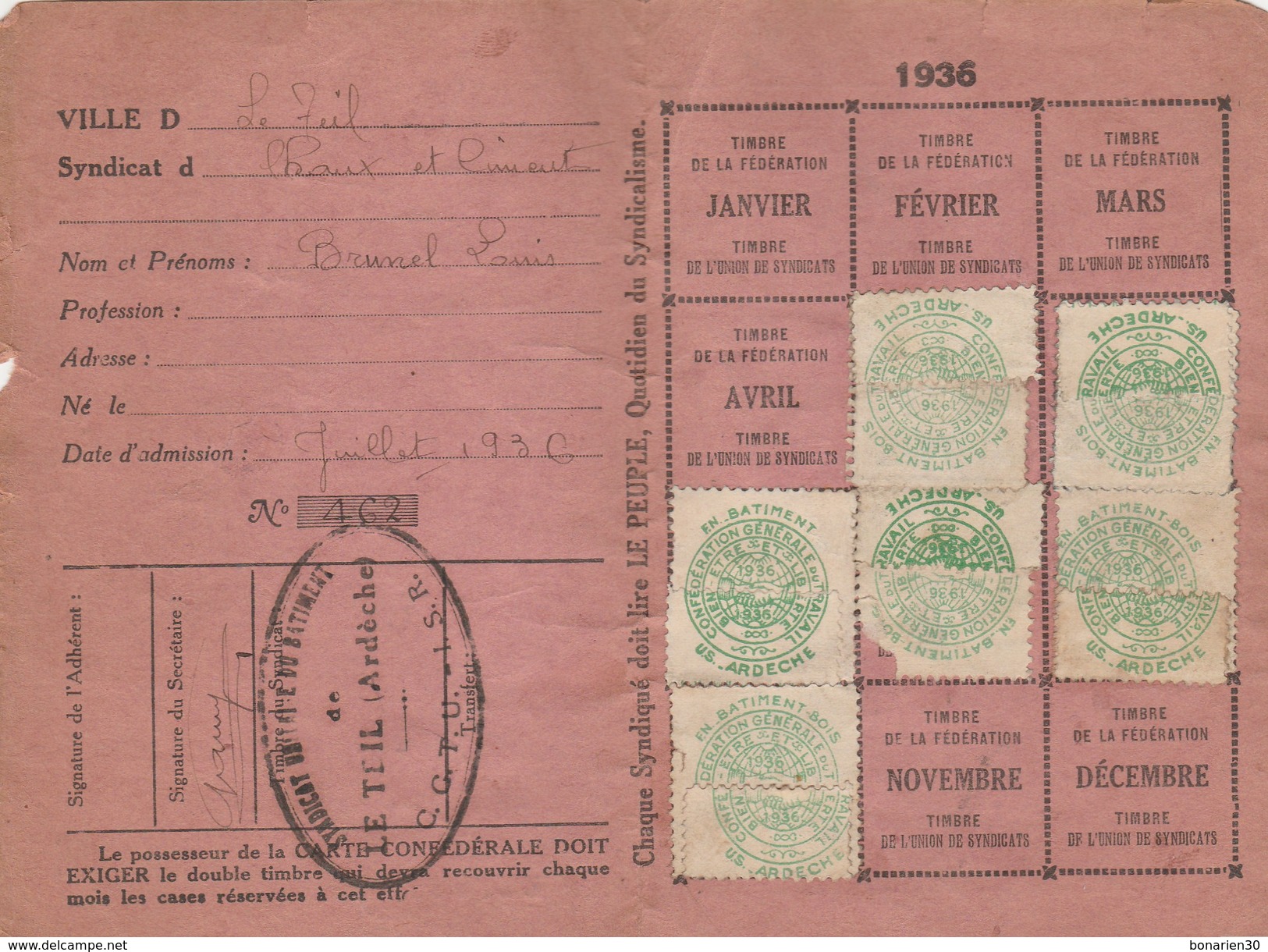 CARTE SYNDICALE C.G.T. "1936" FEDERATION DU BOIS 07 LE TEIL - Documents Historiques