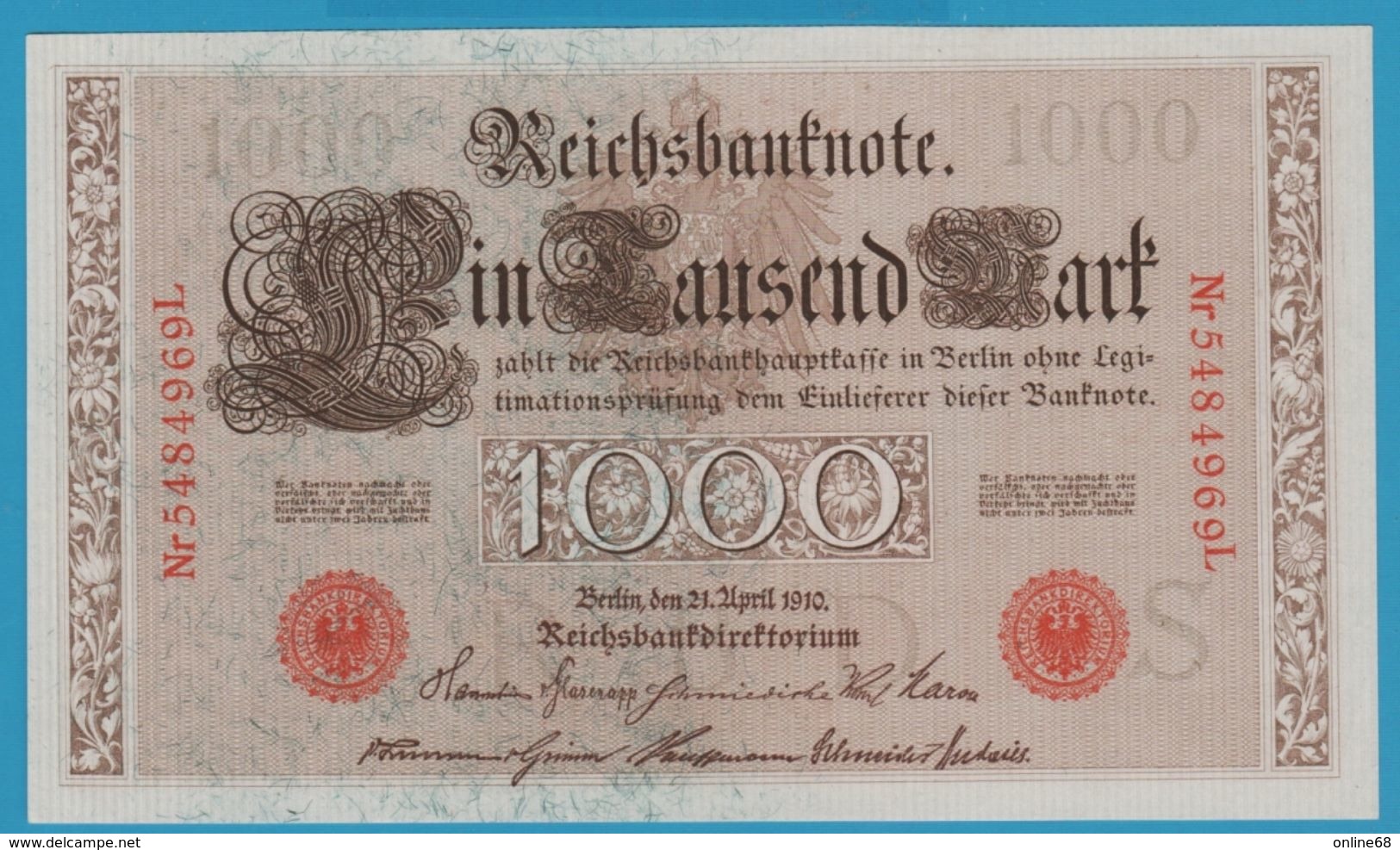 DEUTSCHES REICH 1000 MARK 21.4.1910 SERIE 5484969L P#44b  UNC - 1.000 Mark